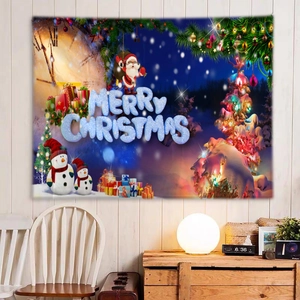 Detail of Christmas tapestry featuring Santa, snowman and tree on a white wooden wall