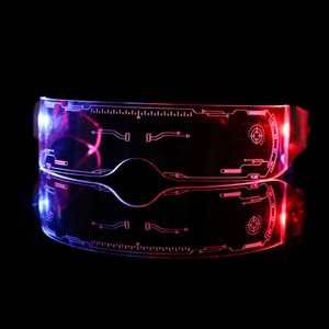 Macro view of cyberpunk LED glasses with neon red and blue dual lighting effects