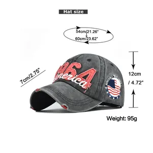 Detailed size chart for vintage washed denim baseball cap with 54-60cm head girth
