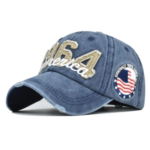 Vintage 1964 America embroidery distressed blue denim baseball cap for men and women
