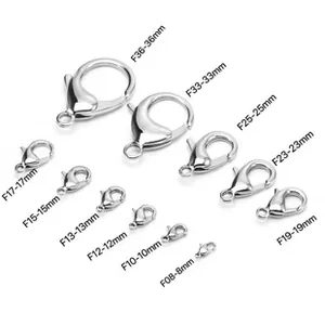 Detailed size chart for 316L stainless steel lobster clasps ranging from 8mm up to 36mm