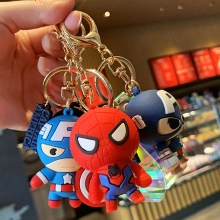 Dettaglio dei portachiavi in silicone Captain America e Spider-Man con anello dorato