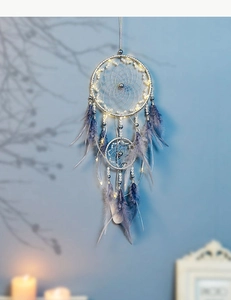 Detail of grey dreamcatcher featuring double silver rings, feathers, and glowing LED lights