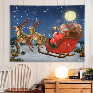 Detail of Christmas tapestry featuring Santa on a sleigh flying over a snowy town
