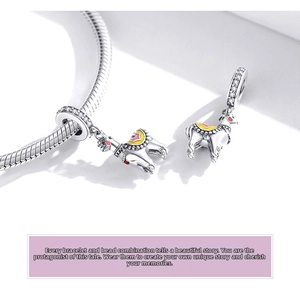 Macro detail of s925 silver alpaca charm with colorful enamel and cubic zirconia stones