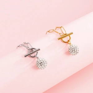 Stainless steel paperclip chain necklace set with crystal ball pendant and OT buckle