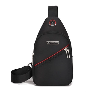 Detail of black oxford fabric sling bag featuring Sport patch and Jingpin metal logo