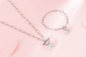 Silver stainless steel chain necklace and bracelet set with crystal ball charm and OT clasp