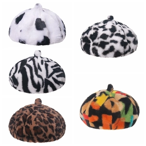 Winter Beret Hat Faux Rabbit Fur Plush Retro Animal Print Cow Leopard Zebra Color Block Warm Fashion For Women