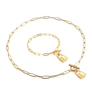 Stainless Steel Necklace And Bracelet With Padlock Pendant Paperclip Chain T-bar Toggle Clasp For Women Fashion Trendy