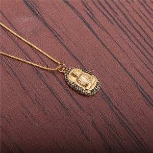 Gold Buddha pendant necklace with black zircon inlay on a box chain for men and women