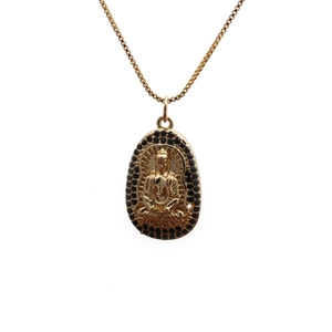 Golden micro-pave zircon Buddha pendant necklace with black stones and fine metal chain