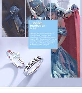 Detail of S925 silver crown and knight rings featuring a light blue gemstone inlay