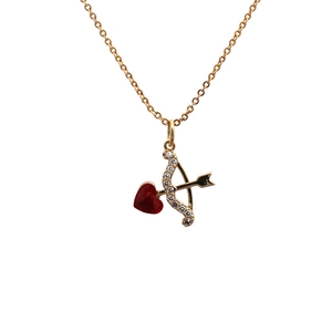 Golden cupid's arrow through red heart pendant necklace with shimmering zircon stones