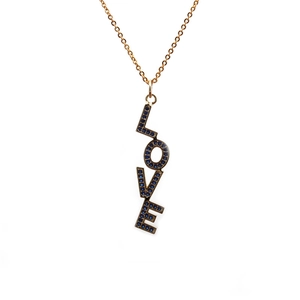 Gold chain necklace featuring a dark metal LOVE pendant set with sparkling blue zircons