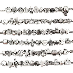 Detailed view of assorted silver alloy charms featuring hearts, animals, and symbols for DIY
