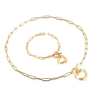 Stainless Steel Heart Pendant Necklace And Bracelet With Toggle Clasp Paperclip Chain Fashion Jewelry For Women