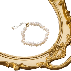 Vintage baroque irregular freshwater pearl bracelet with adjustable gold chain link