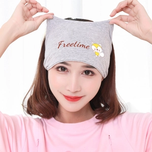 Close-up of gray cotton maternity hat featuring Freetime text and a cute fox print