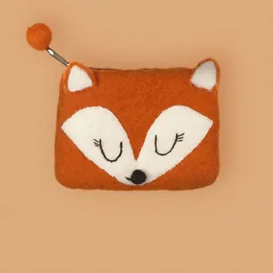 Handmade orange fox wool felt coin purse with cute embroidery and metal zipper closure