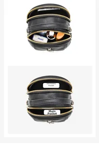 Detail of black lychee grain leather mini bag with multiple zipper compartments and gold hardware