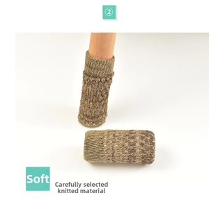 Close-up of brown knitted chair leg protector sleeve showing soft texture on a wooden leg