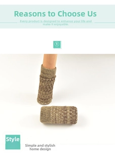 Detail of thickened knitted chair leg cover with non-slip felt pad on wooden furniture leg