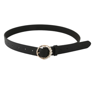 Women's black faux leather belt with a gold round buckle and white pearl detailing