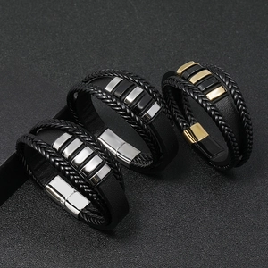Men's multilayer braided leather bracelet with stainless steel magnetic clasp in three styles