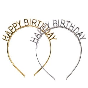 Gold and silver metallic Happy Birthday letter headbands on a white background
