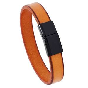 Minimalist orange leather bracelet featuring a sleek black magnetic metal clasp