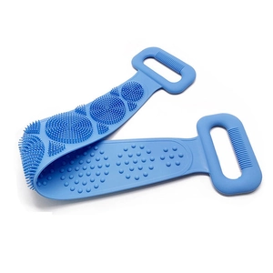 Blue silicone back scrubber with double-sided bristles and dual handles for exfoliating