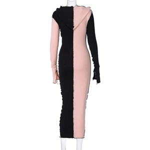 Detailed back view of the slim fit hooded maxi dress featuring unique black and pink stitching
