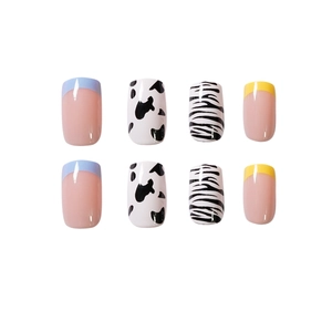 Short square press-on nails set with cow print, zebra patterns and colorful French tips