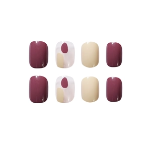 Glossy short square-round press-on nails in burgundy and beige graffiti pudding style