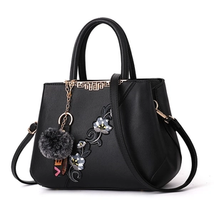 Women Handbag PU Leather Floral Embroidery Shoulder Crossbody Bag With Pom Pom Charm Elegant Fashion Large Capacity
