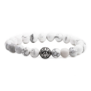 White turquoise beaded bracelet with stainless steel cross charm on white background