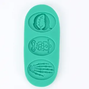 Macro detail of green silicone mold with anatomical brain heart and bone shapes for DIY baking