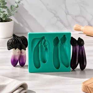 Detail of green silicone mold for DIY eggplant fondant with realistic 3D vegetable shapes