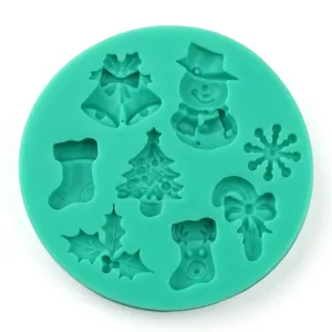 Detail of Christmas themed teal silicone mold with snowman and snowflake patterns