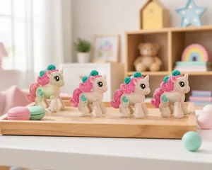 Detailed view of four white pony figurines with pink manes and red heart patterns