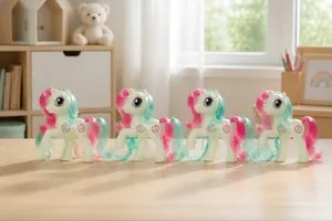 Set of four cartoon pony figurines in white with vibrant red and green manes and tails