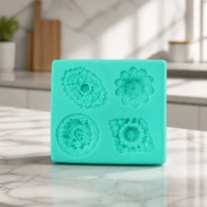Detail view of 4-cavity floral silicone fondant mold for cake decorating and DIY baking