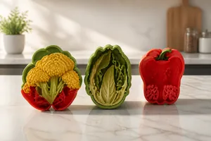 Detailed macro view of vegetable-shaped silicone fondant molds for creative DIY baking