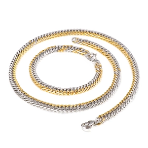 Polished two-tone gold and silver Cuban link chain necklace and bracelet jewelry set