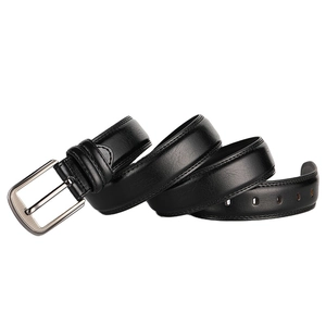 Classic men's black leather belt with a brushed silver pin buckle for business casual style