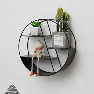 Modern black circular iron wall shelf with three-tier metal display racks for home decor