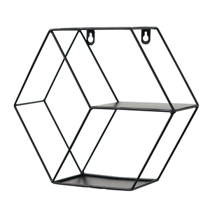 Modern hexagonal black iron wall shelf with two-tier storage for home decor and organization