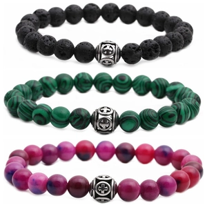 Natural Stone Beaded Bracelet Elastic Stretch Volcanic Lava Agate Malachite With Hollow Alloy Cross Charm Unisex Boho