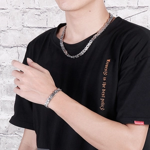 Men's hip hop style stainless steel Byzantine chain necklace and bracelet set in silver